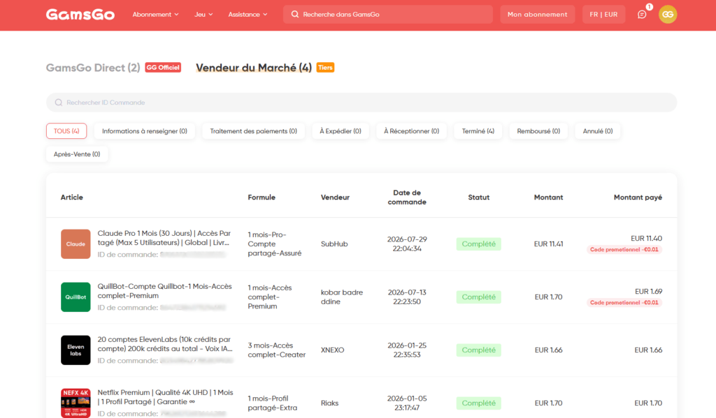 Liste des commandes marketplace GamsGo