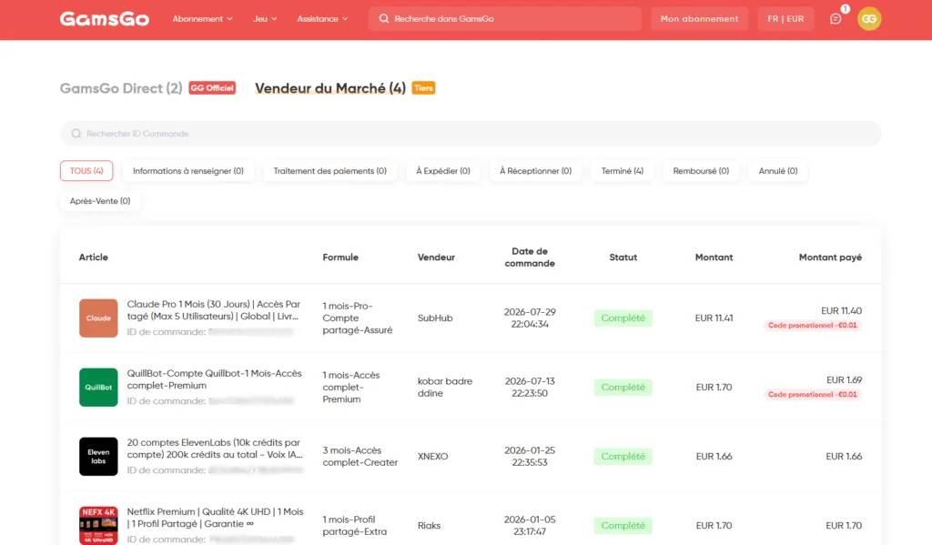 Liste des commandes marketplace GamsGo