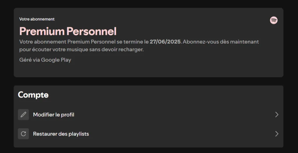 Vue compte Spotify Premium GamsGo