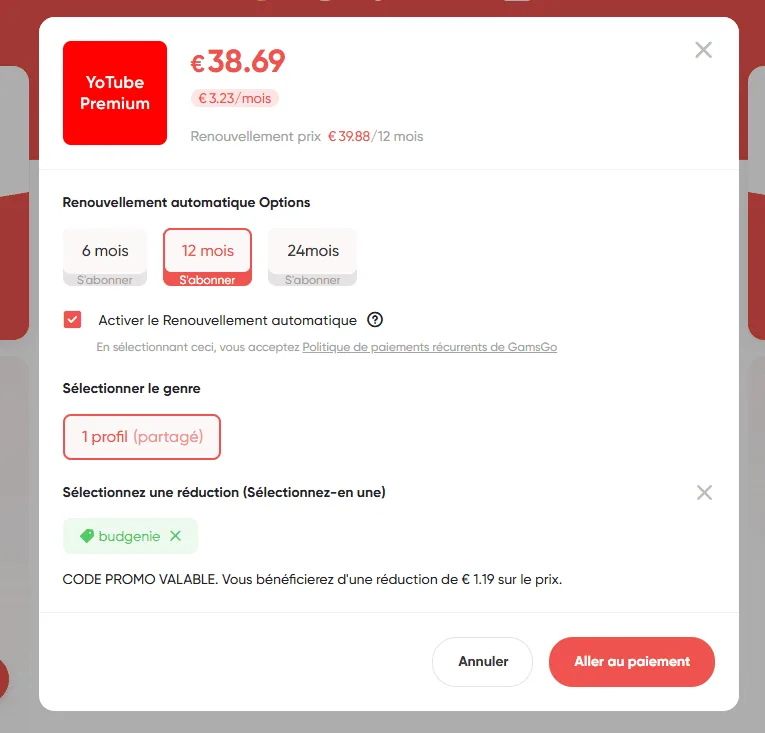 YouTube Premium subscription on GamsGo