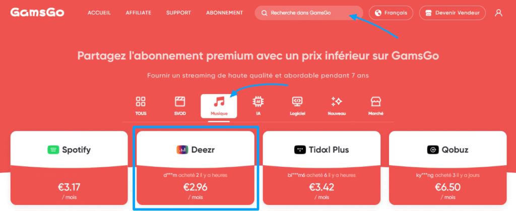 Trouver Deezer sur GamsGo