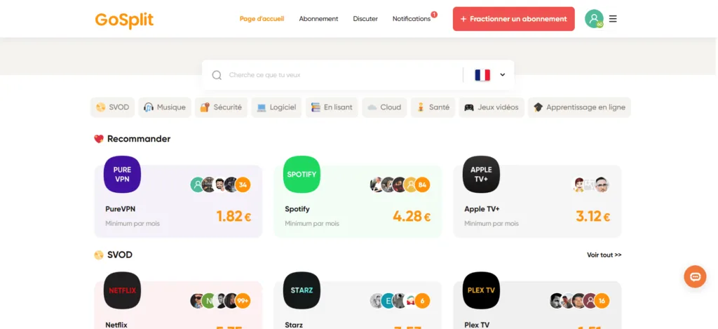 Quels sont les 4 meilleurs sites de partage d'abonnement ? 42 page accueil gosplit
