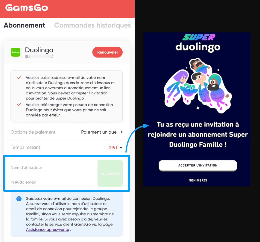 Invitation compte Duolingo sur GamsGo