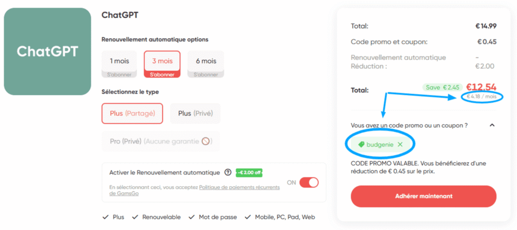 Code promo pour payer ChatGPT moins cher sur GamsGo