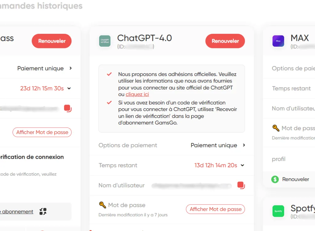 Espace abonnement GamsGo - ChatGPT