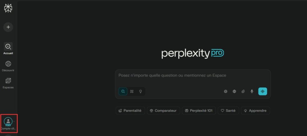 Comment avoir Perplexity moins cher (4€/mois) sans VPN 41 Vue du compte avec abonnement actif à Perplexity Pro