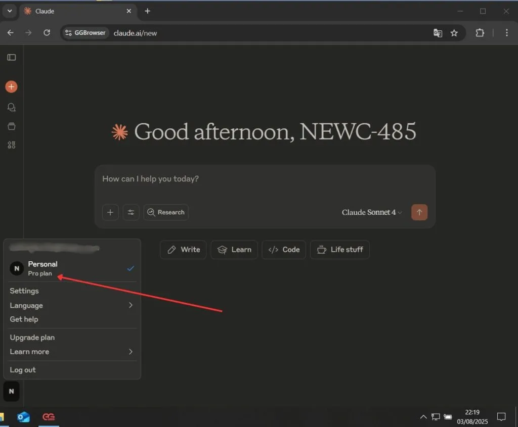 Claude Pro on GGBrowser