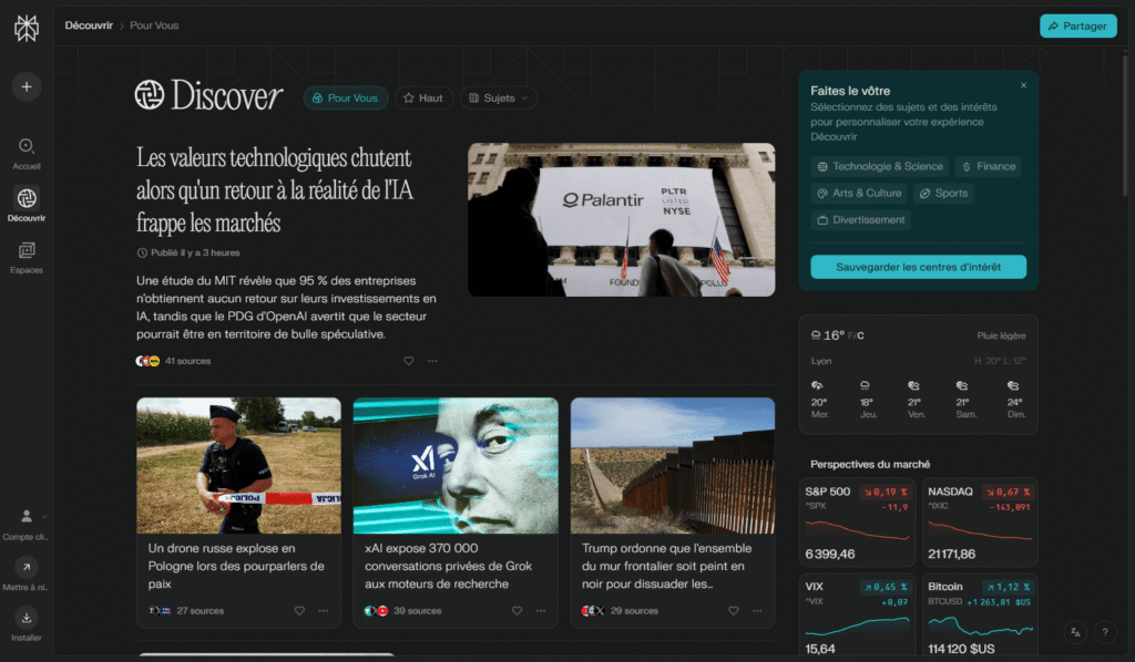 Comment avoir Perplexity moins cher (4€/mois) sans VPN 35 Interface de la rubrique découverte de Perplexity