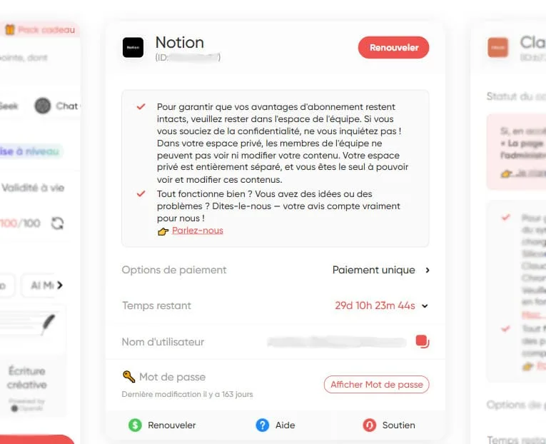 Notion access in the subscription tab