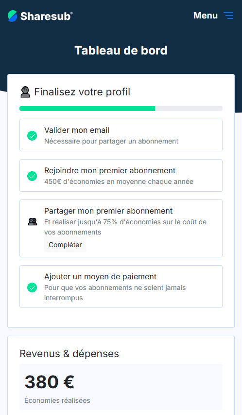Avis Sharesub : le partage d'abonnements made in France 43 Fonctionnement Sharesub - vérifier compte