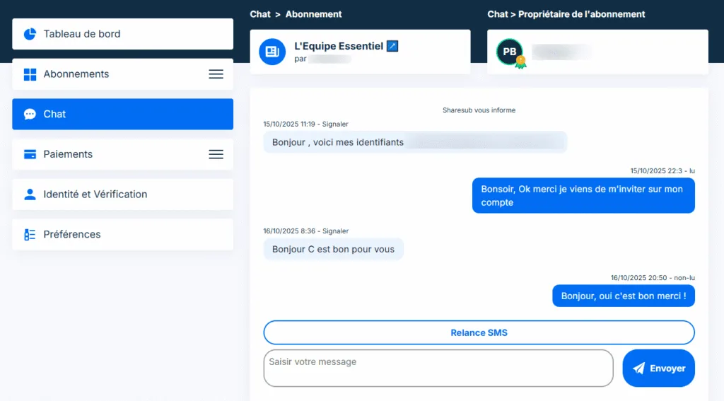 Chat avec propriétaire Sharesub