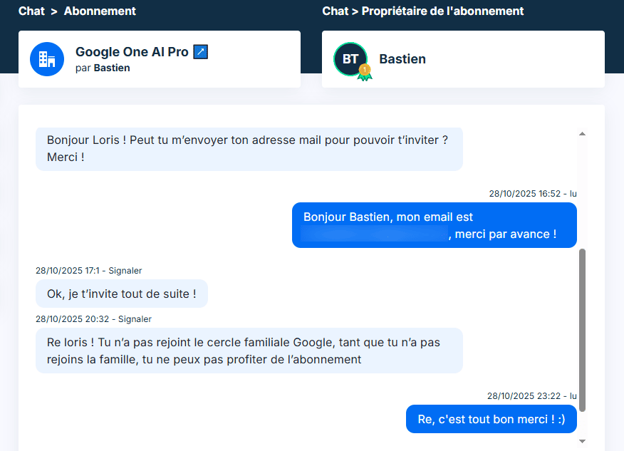 Chat avec propriétaire compte sur Sharesub