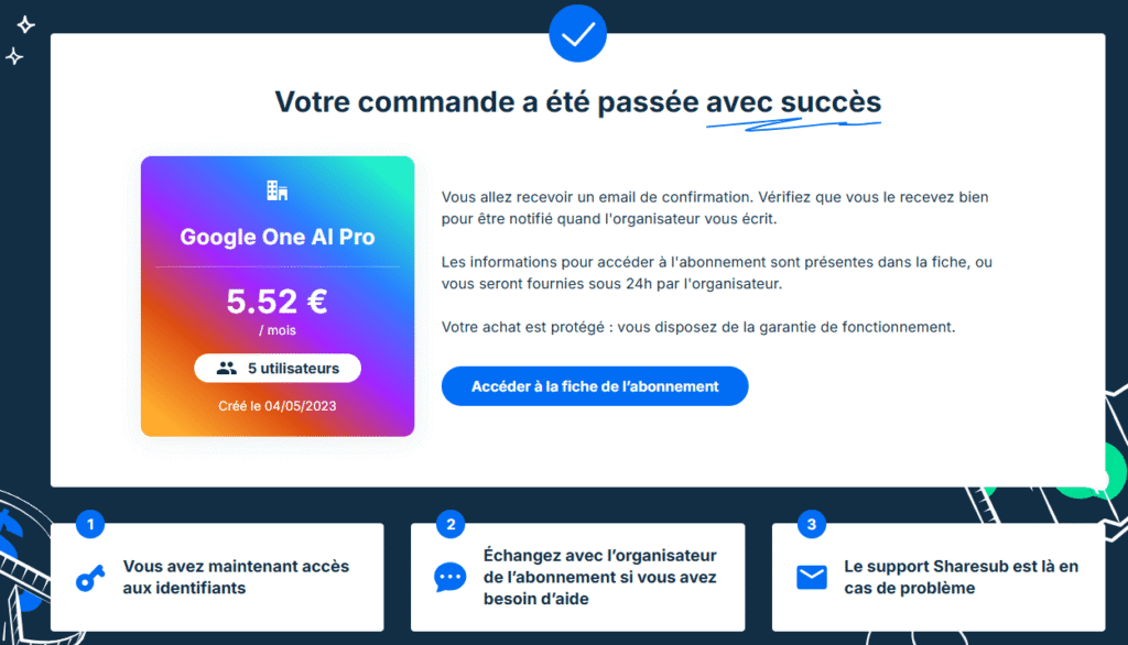 Confirmation commande Google Ai Pro Sharesub