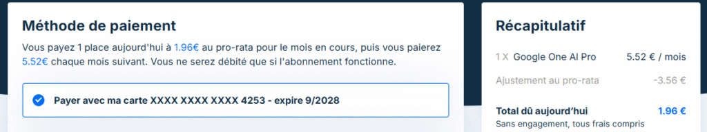 Paiement au prorata de Google AI sur Sharesub