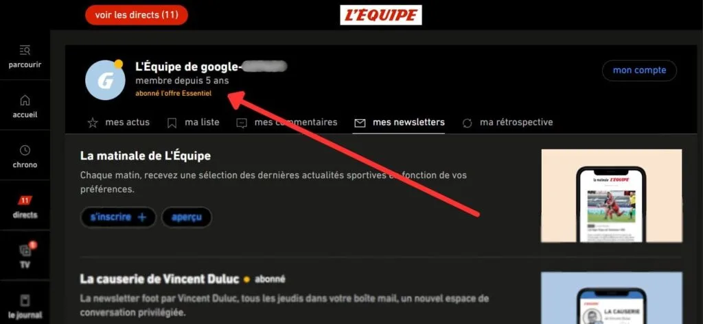 Vue du compte partagé L'Équipe