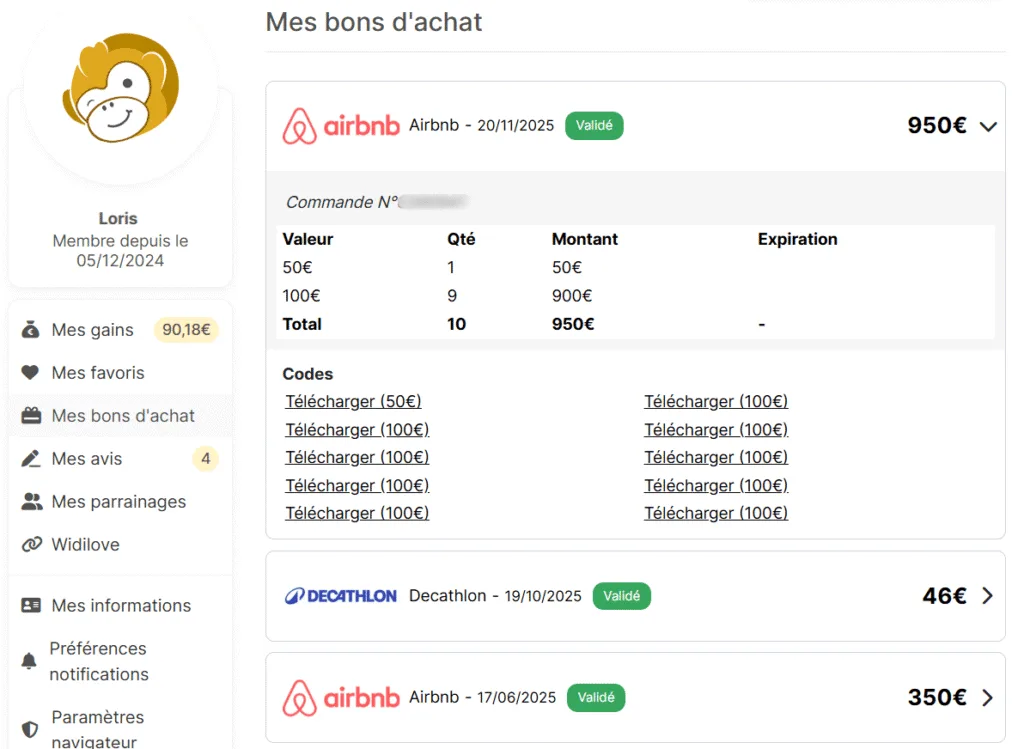 Récupération des cartes-cadeau Airbnb depuis son interface