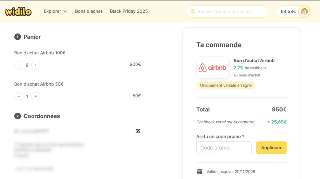 Choix des cartes cadeaux Airbnb sur Widilo