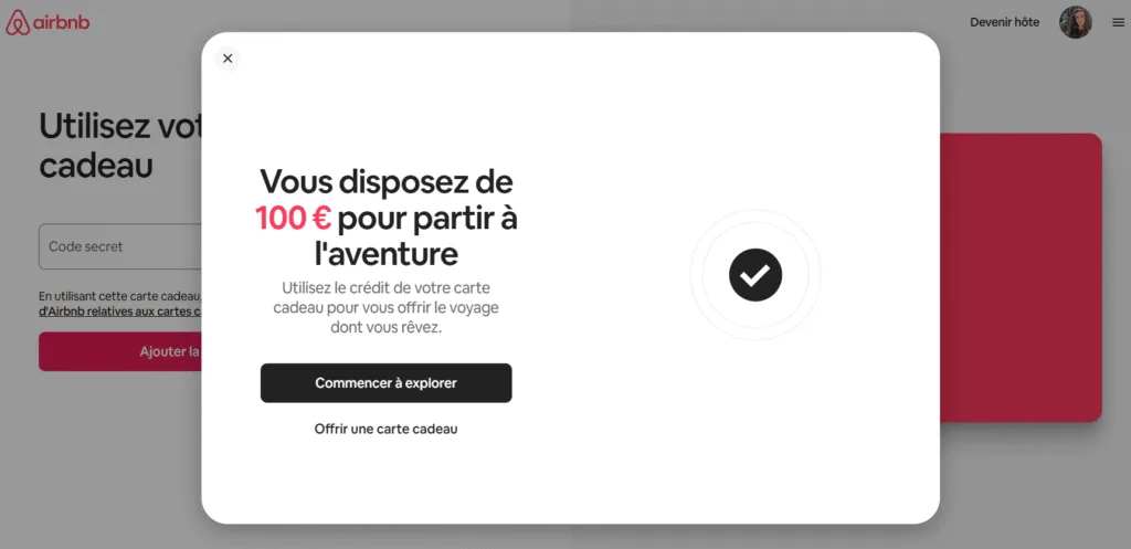 Activation carte-cadeau sur Airbnb
