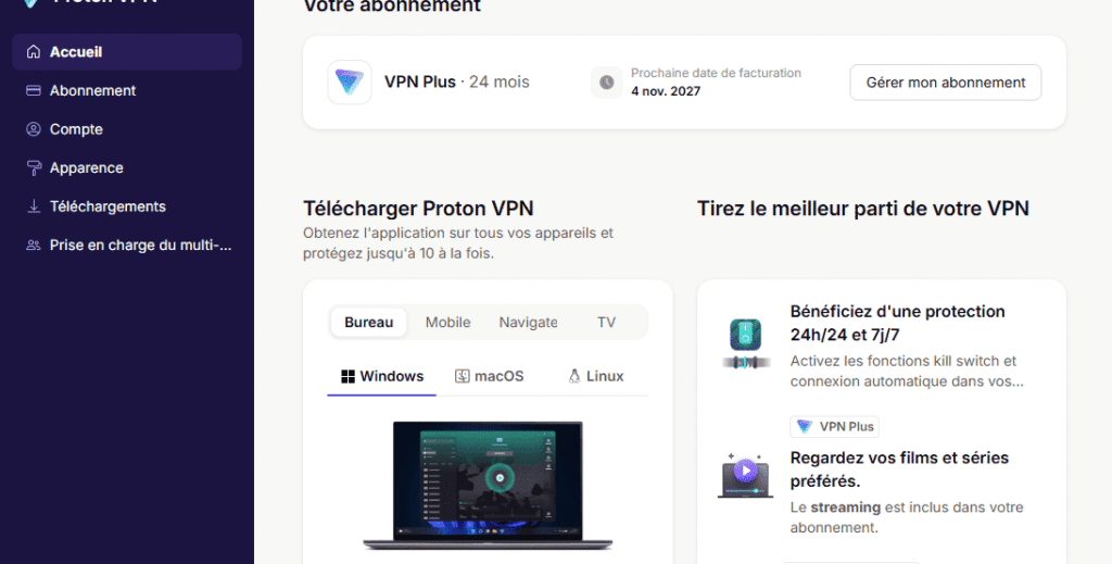 Vue du compte Proton VPN PLUS
