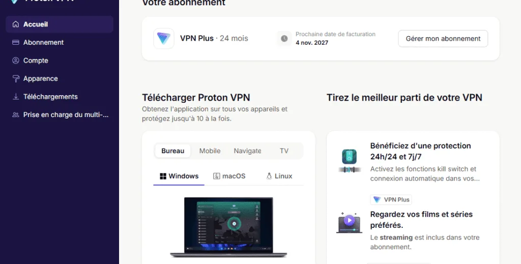 Vue du compte Proton VPN PLUS