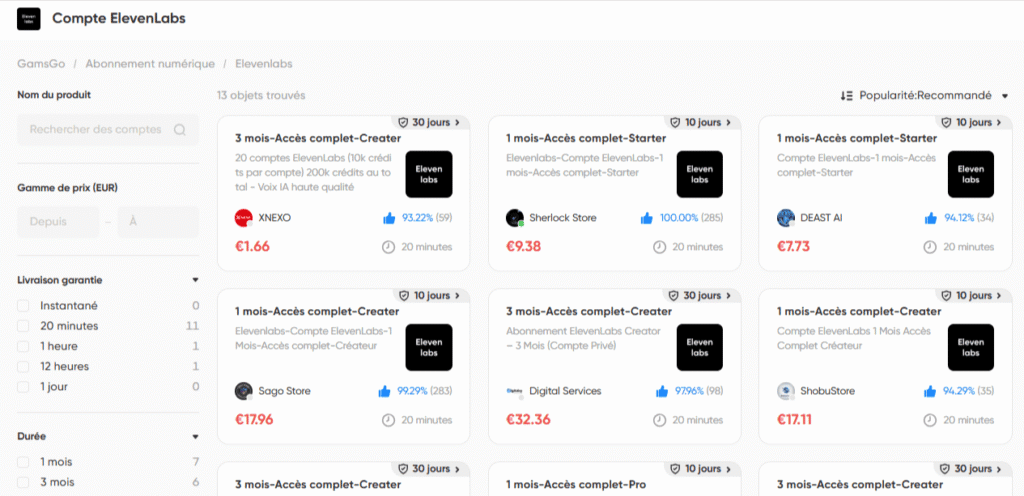 Comptes ElevenLabs sur la marketplace GamsGo