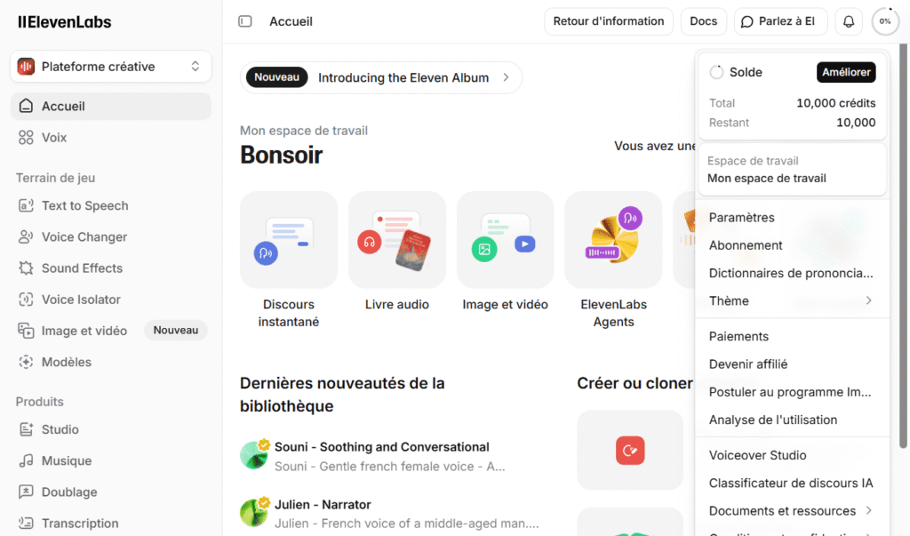 Vue du compte ElevenLabs