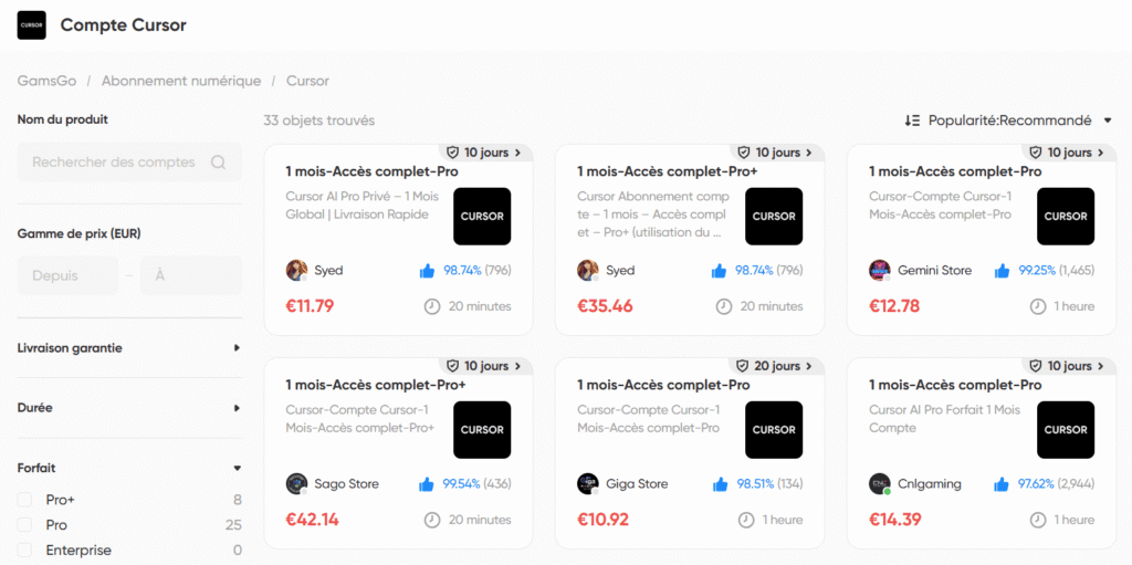 Abonnements Cursor Pro marketplace GamsGo