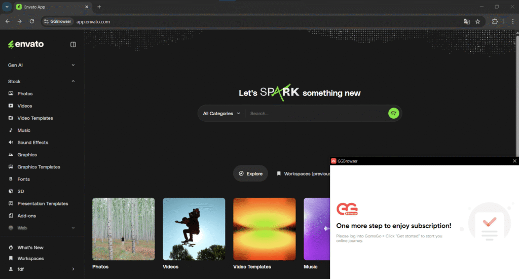 Interface Envato depuis GGbrowser gamsGo