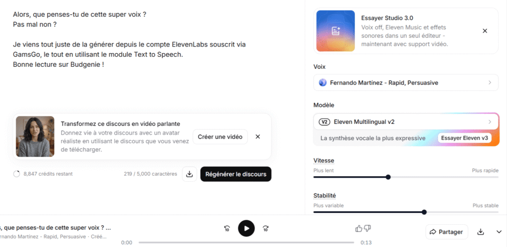 Test de Text to Speech sur ElevenLabs