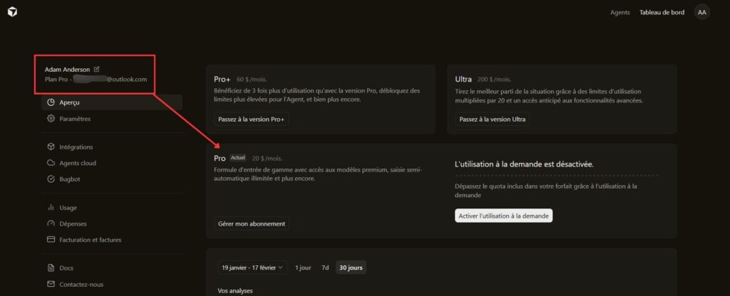 Vue abonnement Cursor Pro