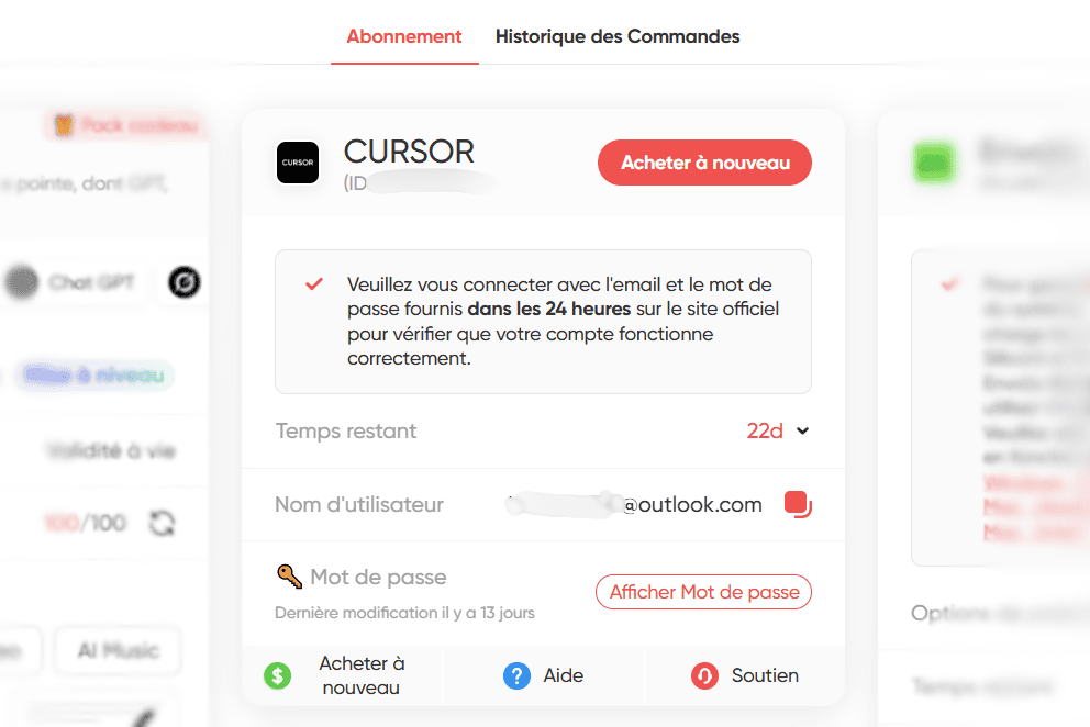 Vue abonnement Cursor sur GamsGo