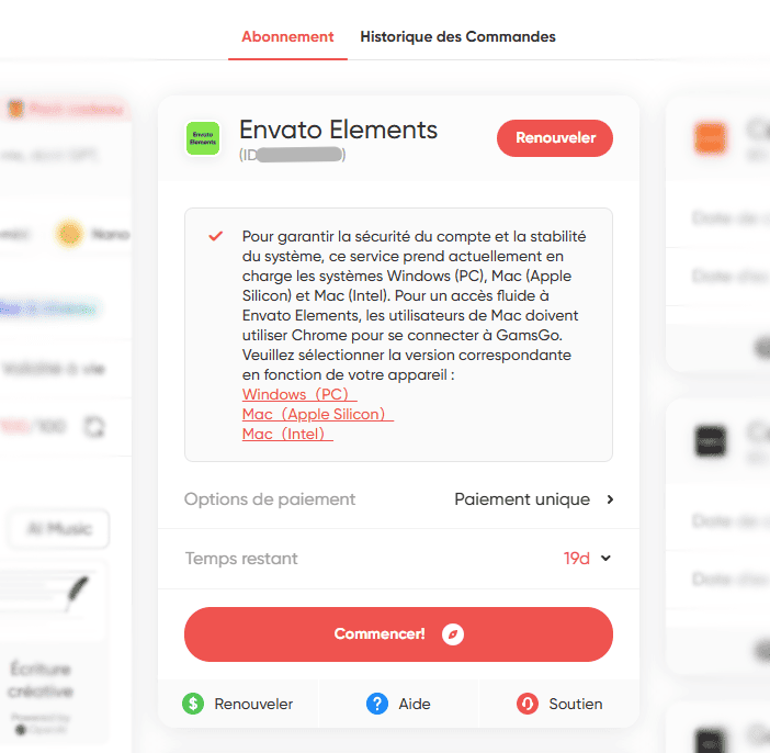 Vue abonnement Envato sur GamsGo