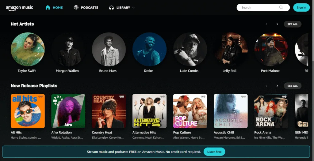 Interface web Amazon Music Unlimited