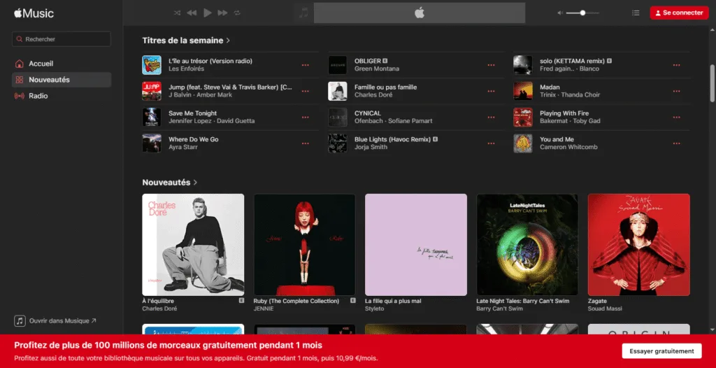 Interface web Apple Music