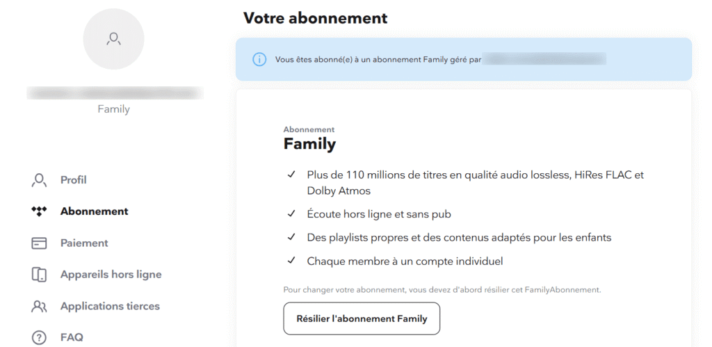 Vue abonnement Tidal Famille