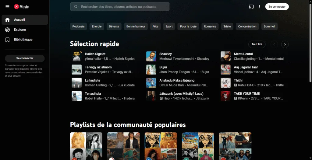 Interface web YouTube Music