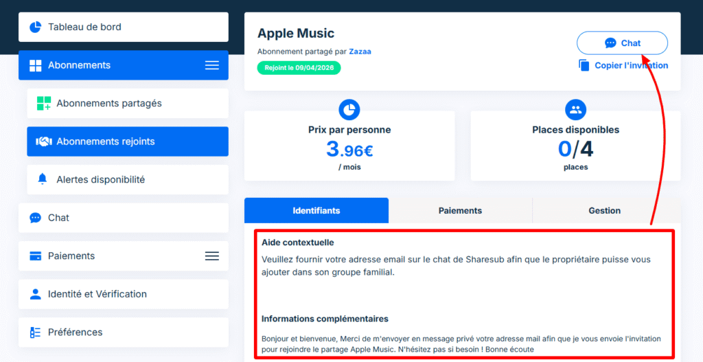 Envoi email Apple Music Famille Sharesub