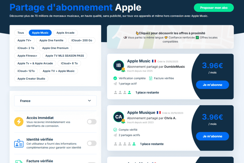 Filtres abonnements Apple Music Famille Sharesub