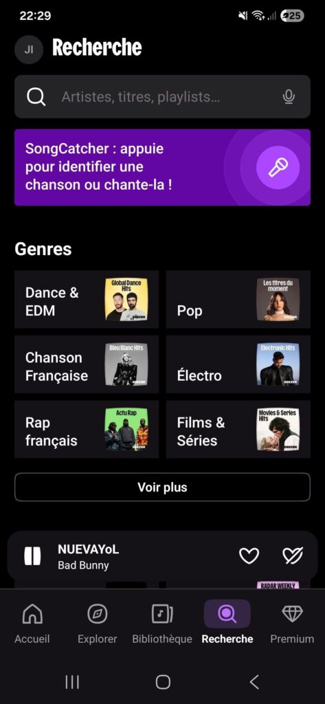 Interface mobile Deezer