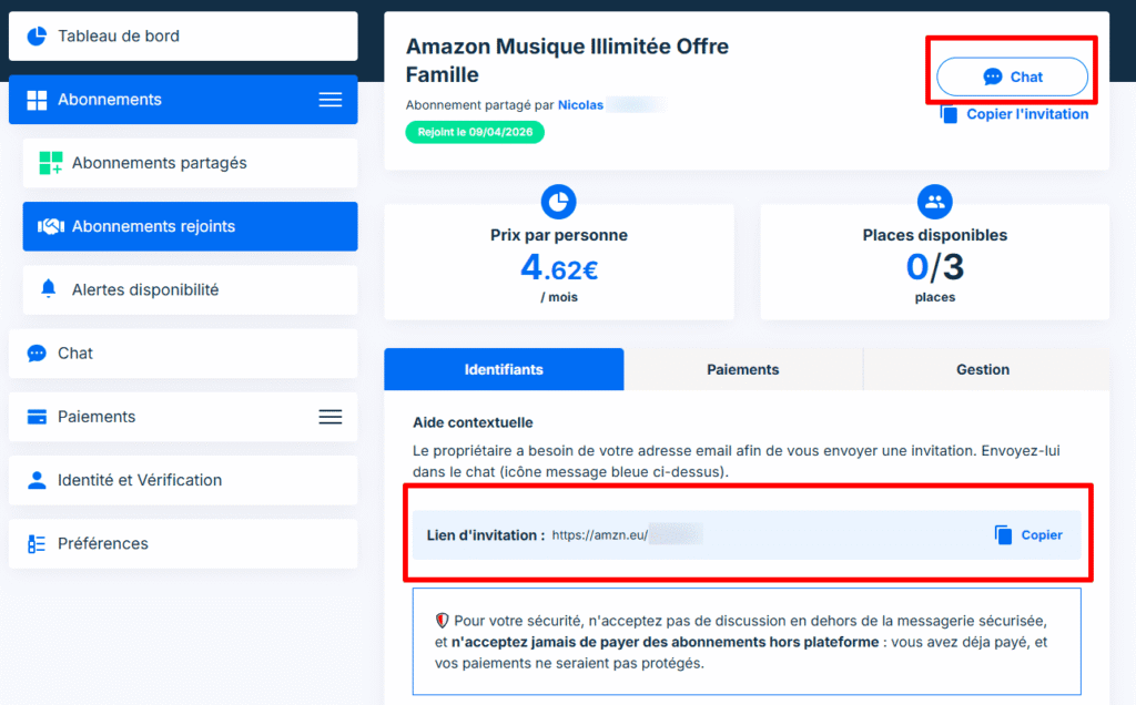 Lien invitation Amazon Music Sharesub