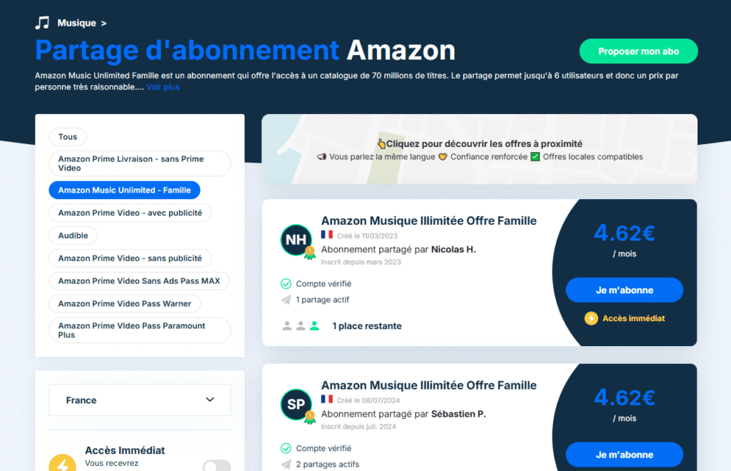 Liste des abonnements Amazon sur Sharesub