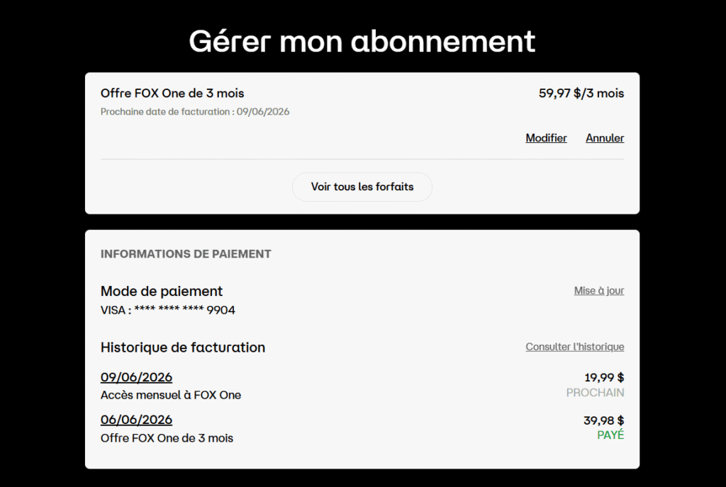 Vue des informations de l'abonnement Fox One en cours