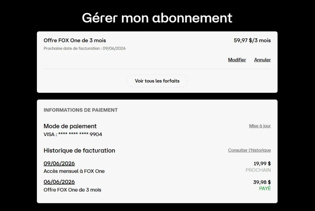 Vue des informations de l'abonnement Fox One en cours